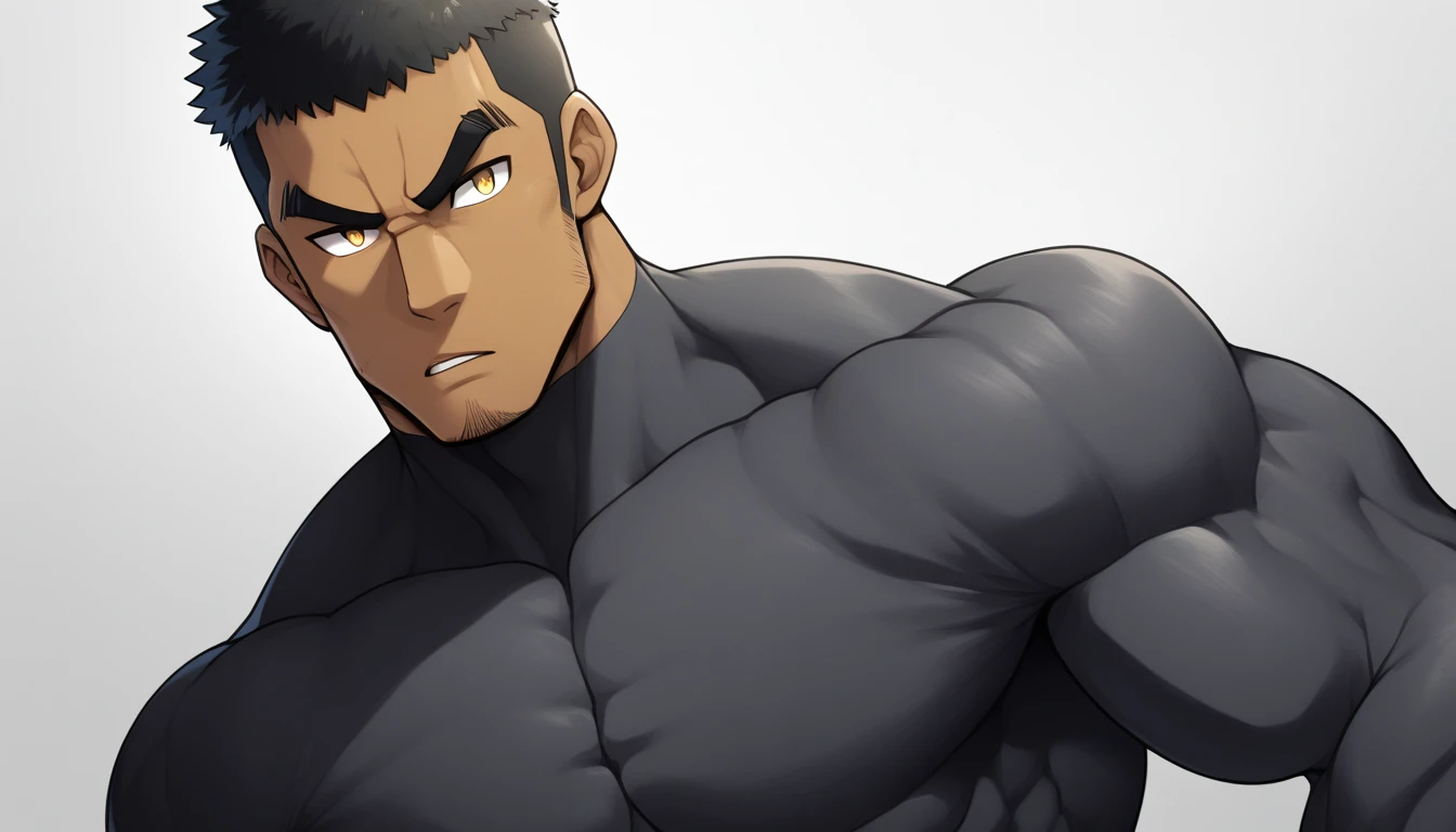 negro, negro, negro, anime characters：Gyee, Muscle Sports Student, negro black skin, 1 muscular tough guy, Manliness, male focus, Dark grey long sleeve tights, Very tight, The pectoral muscles are oversized, Slightly transparent, muscular male, muscular, only, Upper body, alone, Black short hair, Thick eyebrows, stubble, Yellow eyes, White background, simple background, amazing quality, best aesthetics, Ridiculous, bright pupils, crew cut, parted lips, v-shaped eyebrows, jitome, best quality