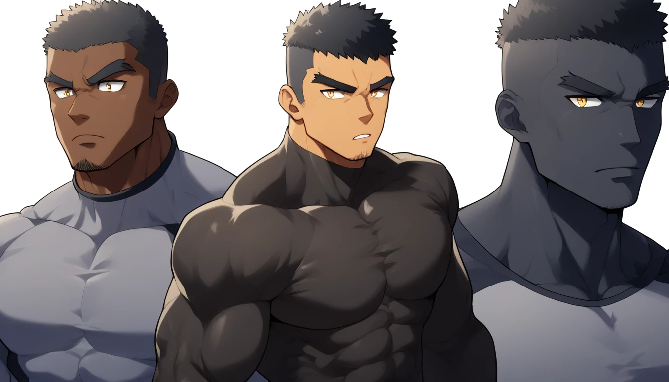 ?????, ?????, ?????, anime characters：Gyee, Muscle Sports Student, ????? black skin, 1 muscular tough guy, Manliness, male focus, Dark grey long sleeve tights, Very tight, The pectoral muscles are oversized, Slightly transparent, muscular male, muscular, only, Upper body, alone, Black short hair, Thick eyebrows, stubble, Yellow eyes, White background, simple background, amazing quality, best aesthetics, Ridiculous, bright pupils, crew cut, parted lips, v-shaped eyebrows, jitome, best quality