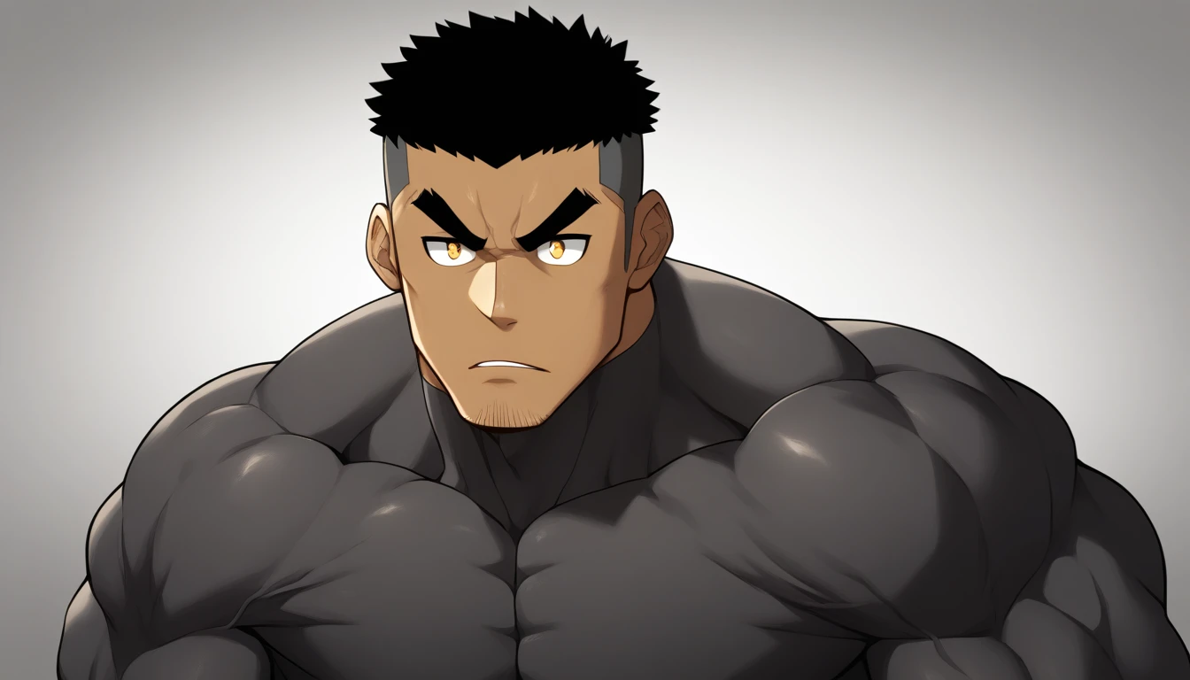negro, negro, negro, anime characters：Gyee, Muscle Sports Student, negro black skin, 1 muscular tough guy, Manliness, male focus, Dark grey long sleeve tights, Very tight, The pectoral muscles are oversized, Slightly transparent, muscular male, muscular, only, Upper body, alone, Black short hair, Thick eyebrows, stubble, Yellow eyes, White background, simple background, amazing quality, best aesthetics, Ridiculous, bright pupils, crew cut, parted lips, v-shaped eyebrows, jitome, best quality