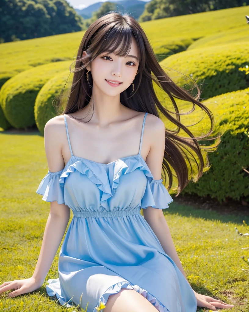 (Highest quality, 32K, High resolution, masterpiece:1.5), Beautiful Japanese Girl, Very beautiful face, Full Body Shot, Perfect Human Anatomy, Shiny black hair, Beautiful super long straight silk hair, Asymmetrical long bangs, Hair between the eyes, Magic big eye, Beautifully trimmed thin eyebrows, Smooth and soft white skin, Pale pink lips, Natural Makeup, Cheek gloss highlighter, Small Face Beauty, The best smile, ((blue frill dress:1.2)), Perfect collarbone, High resolutionの美しい胸, Slender body and large bust, High resolutionの美しい太もも, Beautiful legs, ((On the hill in spring)), Sitting on a green meadow, ((Absolute area:1.3)), Dazzling sunlight, blue sky, White cloud, Professional Lighting, Professional Photographer, Professional Model