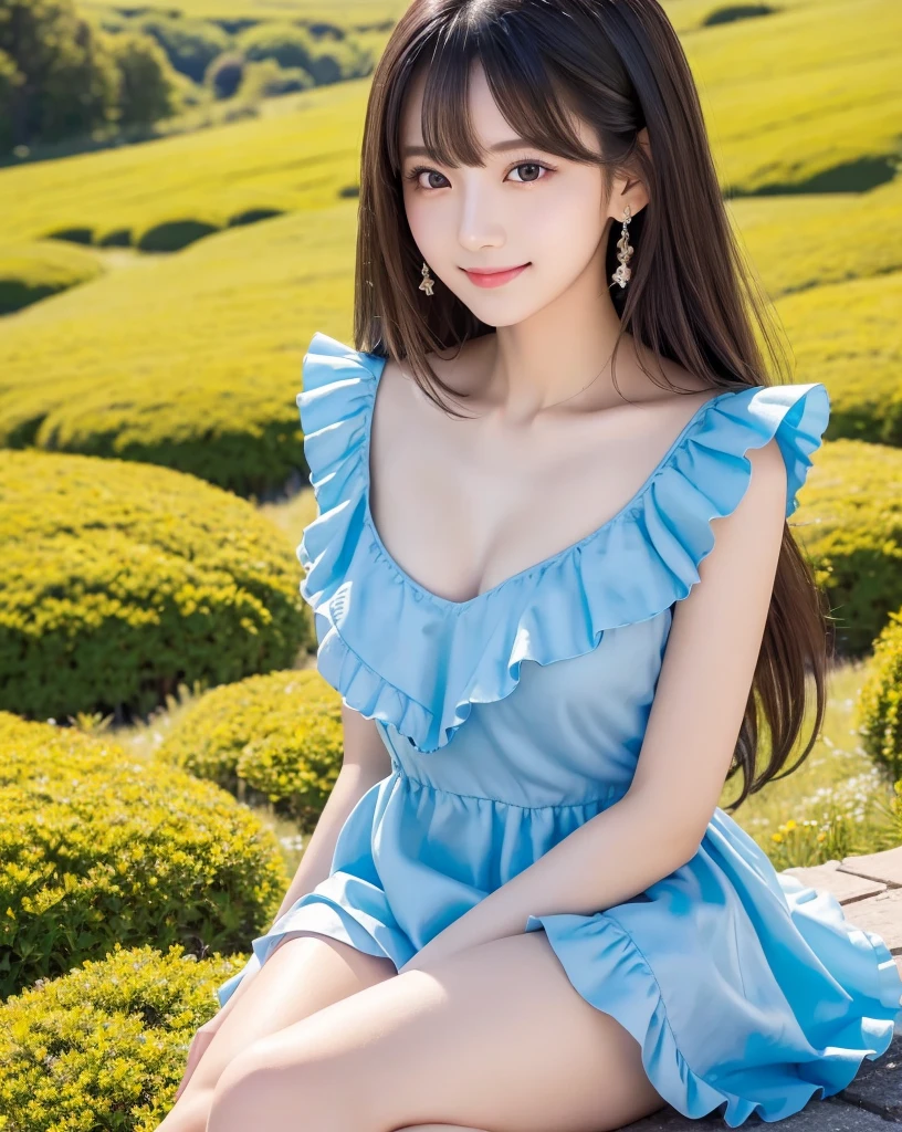 (Highest quality, 32K, High resolution, masterpiece:1.5), Beautiful Japanese Girl, Very beautiful face, Full Body Shot, Perfect Human Anatomy, Shiny black hair, Beautiful super long straight silk hair, Asymmetrical long bangs, Hair between the eyes, Magic big eye, Beautifully trimmed thin eyebrows, Smooth and soft white skin, Pale pink lips, Natural Makeup, Cheek gloss highlighter, Small Face Beauty, The best smile, ((blue frill dress:1.2)), Perfect collarbone, High resolutionの美しい胸, Slender body and large bust, High resolutionの美しい太もも, Beautiful legs, ((On the hill in spring)), Sitting on a green meadow, ((Absolute area:1.3)), Dazzling sunlight, blue sky, White cloud, Professional Lighting, Professional Photographer, Professional Model