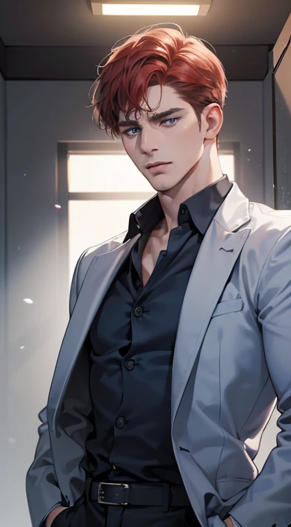 (best quality, masterpiece, 8K, photorealistic, cinematic lighting, 1:4 hdr image, ultra detailed, beautiful image), a mature man, 34 years very handsome, ((cold expression in love)), short red hair, blue eyes, face perfect without mistakes, ((buttoning his jacket, CEO))