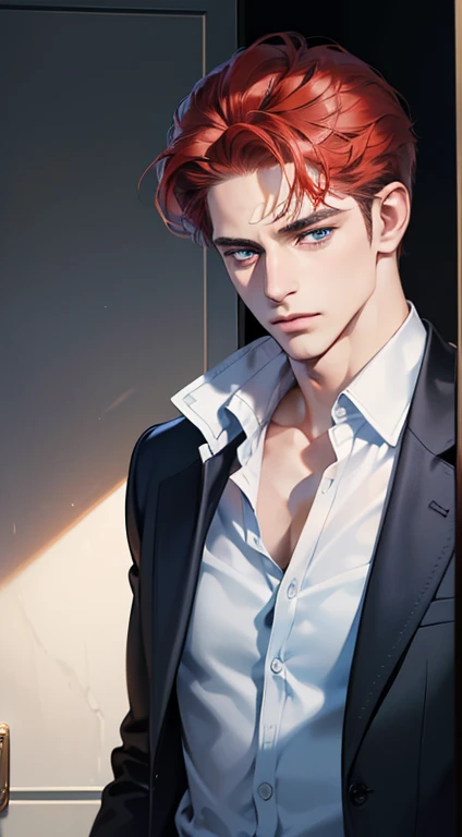 (best quality, masterpiece, 8K, photorealistic, cinematic lighting, 1:4 hdr image, ultra detailed, beautiful image), a mature man, 34 years very handsome, ((cold expression in love)), short red hair, blue eyes, face perfect without mistakes, ((buttoning his jacket, CEO))