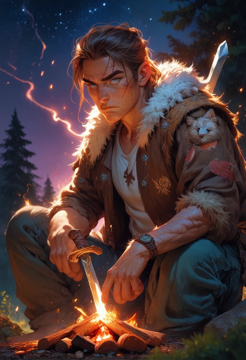 score_9, score_8_up, score_7_up, 20 years guy, fit, sitting by campfire, forest camp, fur trim, battle scars, fierce expression, shirt brown hair, blue eyes, sword behind, animal pelts, glowing embers, moonlit night, starry sky, sparks, rugged terrain, 1guy, highly detailed, looking at viewer expressiveH