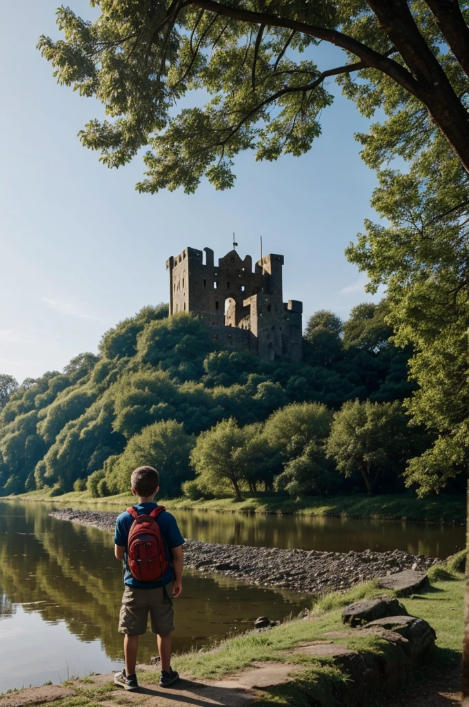 creates an image of a boy in front of a ruined castle surrounded by trees and a river surrounding the castle. es importante que el chico tenga una mochila de explorador se vea de cerca y de espaldas, mirando al castillo, adicional que el castillo tenga como un aura maligno con hechizos