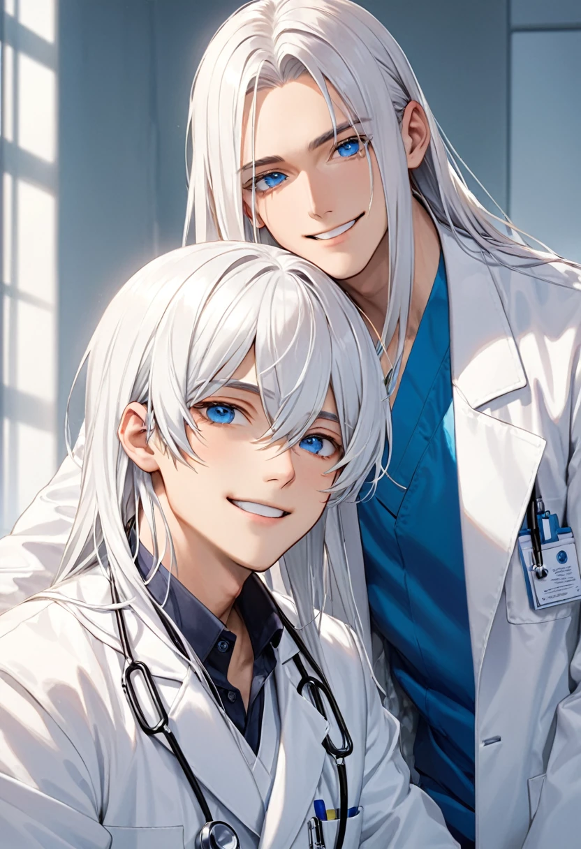 Cool guy、White Hair、Straight Hair、doctor's white coatを着ている、Blue Eyes、smile