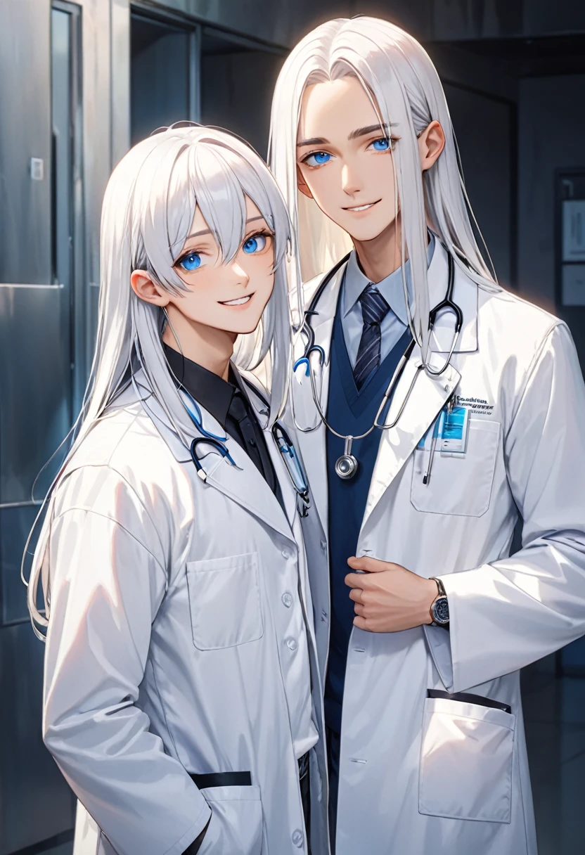 Cool guy、White Hair、Straight Hair、doctor's white coatを着ている、Blue Eyes、smile