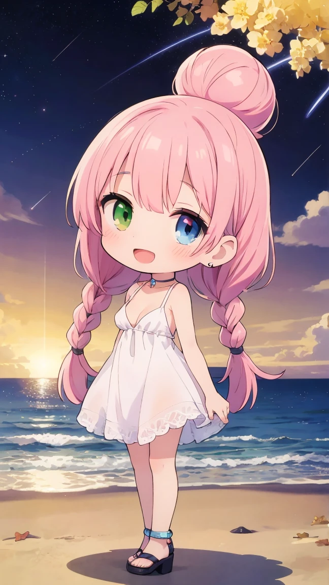 (8k, RAW photo, best quality, masterpiece, highres, absurdres, ultra detailed:1.3), (Photography, realistic, photo-realistic:1.4), (beautiful natural lighting, beautiful deatailed shadow, beautiful detailed glow :1.4),  atmospheric,(chibi,full body:1.6),

BREAK 1 beautiful girl,Solo,(Cute:1.5),(Chibi:0.6),(Kawaii:1.5),(Loli:0.95),BREAK,(17yrs old girl),Very detailed,Colorful,Highest Detail,Clear Skin,Beautiful Skin,Shy,Very detailed,Colorful,Highest Detail,BREAK (heterochromia,blue eyes,green eyes:1.75),BREAK,(champagne pink hair,medium length:1.6),(twin braids,a little curl,one twisted braid,princess cut:1.3),(cleavage,big breasts,beautiful breasts:1.5),(long eyelashes,double eyelids:1.2),(:d,blush:1.4),(glossy Skin,Transparent,Beautiful Skin:1.45),


//Character
1girl,
BREAK
//Fashions 
Hydrangea Silk Slip Dress,
Dress, slinky, silk slip dress in gradient of hydrangea-inspired hues, blending from deep purple at the top to pale pink at the hem, dress features plunging neckline and thin spaghetti straps, offering seductive, yet elegant look,
Details, Delicate, hand-embroidered hydrangea blossoms cascade down one side of the dress, adding texture and visual interest, dress has high slit on one side, revealing hint of leg with each step,
BREAK
Accessories, matching silk choker with small hydrangea charm, dangling earrings with floral motifs , thin, diamond-encrusted anklet,
Footwear, High-heeled sandals in metallic silver or gold, complementing the dress’s gradient colors,
Hair and Makeup, Hair styled in sleek, high ponytail or loose, messy bun, Makeup includes bold eyeliner, smoky eyeshadow in shades of purple and pink , bold, berry-colored lipstick,
BREAK

(looking up, superb view, ocean view, beach, wind, beautiful detailed sky, cumulonimbus, shining Big Dipper and red death star, Milky Way, shooting star, sky:1.6), shining stars, summer, (the Plough:1.65),


BREAK wakame,wakame,wakame,(cowboy shot, from front:1.4),  BREAK manga illustration,manga style,