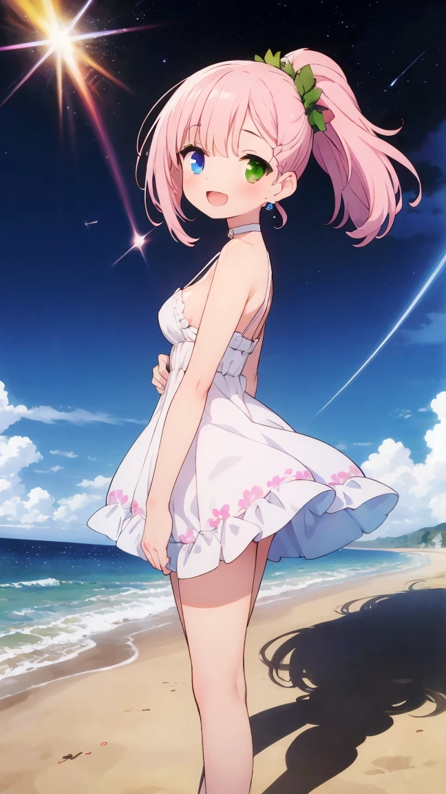 (8k, RAW photo, best quality, masterpiece, highres, absurdres, ultra detailed:1.3), (Photography, realistic, photo-realistic:1.4), (beautiful natural lighting, beautiful deatailed shadow, beautiful detailed glow :1.4), atmospheric,(chibi,full body:1.6),
BREAK 1 beautiful girl,Solo,(Cute:1.5),(Chibi:0.6),(Kawaii:1.5),(Loli:0.95),BREAK,(17yrs old girl),Very detailed,Colorful,Highest Detail,Clear Skin,Beautiful Skin,Shy,Very detailed,Colorful,Highest Detail,BREAK (heterochromia,blue eyes,green eyes:1.75),BREAK,(champagne pink hair,medium length:1.6),(twin braids,a little curl,one twisted braid,princess cut:1.3),(cleavage,big breasts,beautiful breasts:1.5),(long eyelashes,double eyelids:1.2),(:d,blush:1.4),(glossy Skin,Transparent,Beautiful Skin:1.45),
//Character
1girl,
BREAK
//Fashions
Hydrangea Silk Slip Dress,
Dress, slinky, silk slip dress in gradient of hydrangea-inspired hues, blending from deep purple at the top to pale pink at the hem, dress features plunging neckline and thin spaghetti straps, offering seductive, yet elegant look,
Details, Delicate, hand-embroidered hydrangea blossoms cascade down one side of the dress, adding texture and visual interest, dress has high slit on one side, revealing hint of leg with each step,
BREAK
Accessories, matching silk choker with small hydrangea charm, dangling earrings with floral motifs , thin, diamond-encrusted anklet,
Footwear, High-heeled sandals in metallic silver or gold, complementing the dress’s gradient colors,
Hair and Makeup, Hair styled in sleek, high ponytail or loose, messy bun, Makeup includes bold eyeliner, smoky eyeshadow in shades of purple and pink , bold, berry-colored lipstick,
BREAK
(looking up, superb view, ocean view, beach, wind, beautiful detailed sky, cumulonimbus, shining Big Dipper and red death star, Milky Way, shooting star, sky:1.6), shining stars, summer, (the Plough:1.65),
BREAK wakame,wakame,wakame,(cowboy shot, from front:1.4), BREAK manga illustration,manga style,