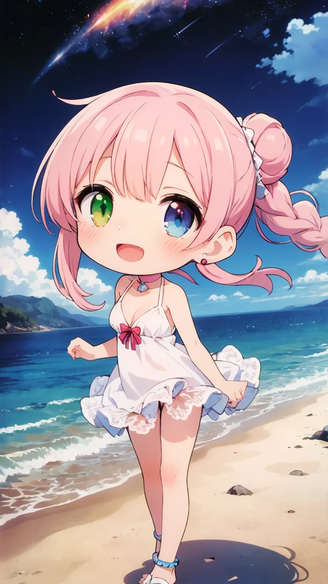 (8k, RAW photo, best quality, masterpiece, highres, absurdres, ultra detailed:1.3), (Photography, realistic, photo-realistic:1.4), (beautiful natural lighting, beautiful deatailed shadow, beautiful detailed glow :1.4),  atmospheric,(chibi,full body:1.6),

BREAK 1 beautiful girl,Solo,(Cute:1.5),(Chibi:0.6),(Kawaii:1.5),(Loli:0.95),BREAK,(17yrs old girl),Very detailed,Colorful,Highest Detail,Clear Skin,Beautiful Skin,Shy,Very detailed,Colorful,Highest Detail,BREAK (heterochromia,blue eyes,green eyes:1.75),BREAK,(champagne pink hair,medium length:1.6),(twin braids,a little curl,one twisted braid,princess cut:1.3),(cleavage,big breasts,beautiful breasts:1.5),(long eyelashes,double eyelids:1.2),(:d,blush:1.4),(glossy Skin,Transparent,Beautiful Skin:1.45),


//Character
1girl,
BREAK
//Fashions 
Hydrangea Silk Slip Dress,
Dress, slinky, silk slip dress in gradient of hydrangea-inspired hues, blending from deep purple at the top to pale pink at the hem, dress features plunging neckline and thin spaghetti straps, offering seductive, yet elegant look,
Details, Delicate, hand-embroidered hydrangea blossoms cascade down one side of the dress, adding texture and visual interest, dress has high slit on one side, revealing hint of leg with each step,
BREAK
Accessories, matching silk choker with small hydrangea charm, dangling earrings with floral motifs , thin, diamond-encrusted anklet,
Footwear, High-heeled sandals in metallic silver or gold, complementing the dress’s gradient colors,
Hair and Makeup, Hair styled in sleek, high ponytail or loose, messy bun, Makeup includes bold eyeliner, smoky eyeshadow in shades of purple and pink , bold, berry-colored lipstick,
BREAK

(looking up, superb view, ocean view, beach, wind, beautiful detailed sky, cumulonimbus, shining Big Dipper and red death star, Milky Way, shooting star, sky:1.6), shining stars, summer, (the Plough:1.65),


BREAK wakame,wakame,wakame,(cowboy shot, from front:1.4),  BREAK manga illustration,manga style,