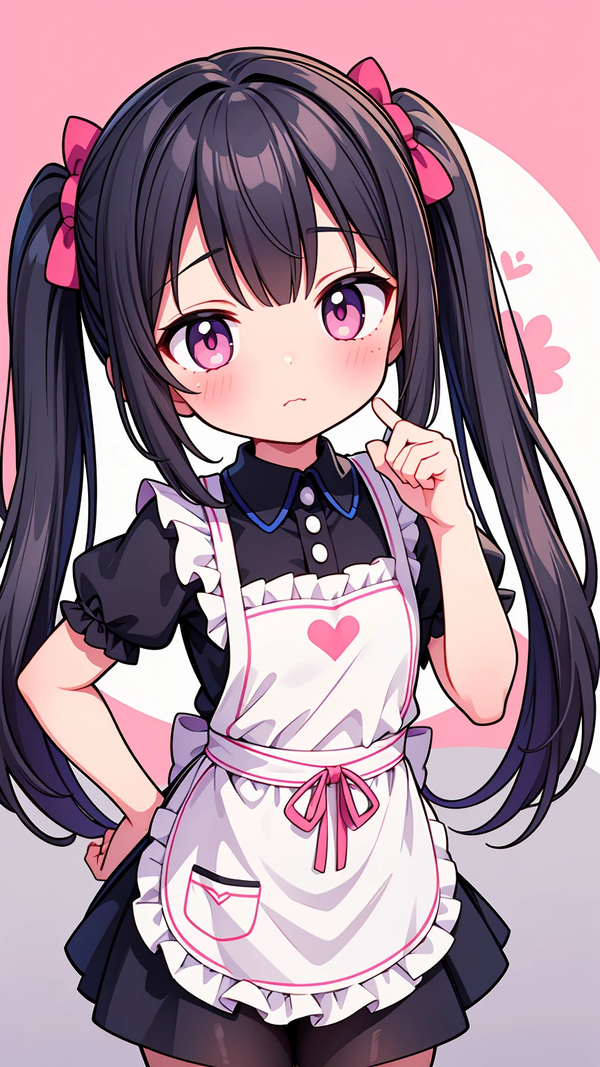 (8K, Highest image quality, highest quality, masterpiece), detailed face, ((loli girl)), (little loli curve) , black hair, short twintails, pink eyes, small breasts, naked apron, cowboy shot, put your hand on your mouth, kitchen background, ((very blushing)), ((detailed hands and fingers)), viewer perspective from below, (very blushing), (very much in love with the viewer)