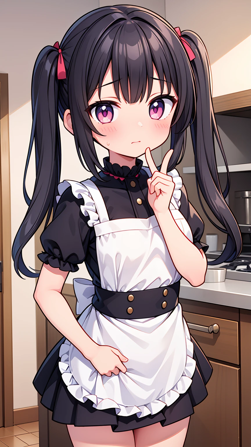 (8K, Highest image quality, highest quality, masterpiece), detailed face, ((loli girl)), (little loli curve) , black hair, short twintails, pink eyes, small breasts, naked apron, cowboy shot, put your hand on your mouth, kitchen background, ((very blushing)), ((detailed hands and fingers)), viewer perspective from below, (very blushing), (very much in love with the viewer)