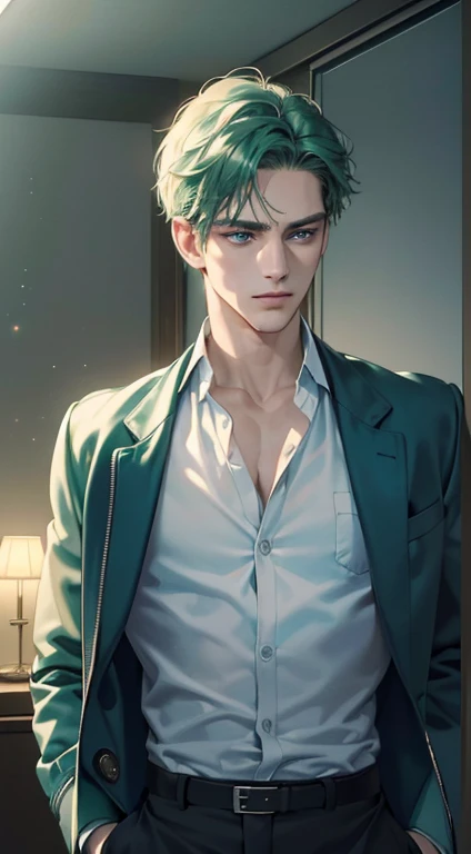(best quality, masterpiece, 8K, photorealistic, cinematic lighting, 1:4 hdr image, ultra detailed, beautiful image), a mature man, 34 years very handsome, ((cold expression in love)), short green hair, blue eyes, face perfect without mistakes, ((buttoning his jacket, CEO))