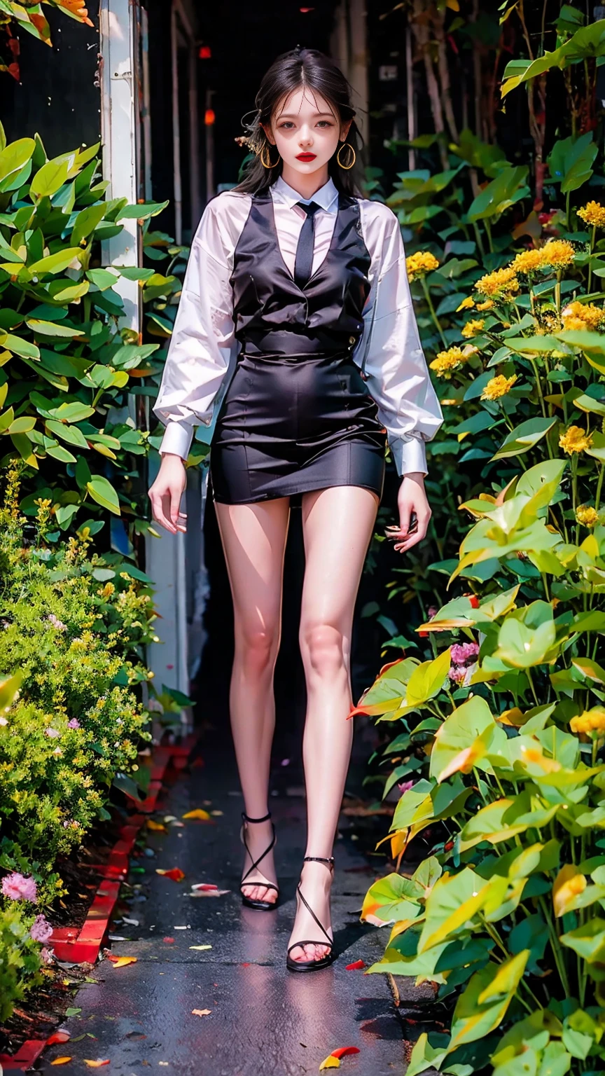 Obra maestra, mejor calidad,4 chica,, ciruela_pie eyes, Brown, bob entrecortado,envidioso _rostro,piel brillante,pechos medianos,nice line of legs:1.3,muslos gruesos, cintura delgada,uniforme escolar, muslos,corbata,((falda de tubo)),tacones altos color rojo, pantys, , Ruta_forrado_con_floreciente_cereza_florecer_trees,,mirando al espectador,Desde abajo,cuerpo completo, piernasupsexms,