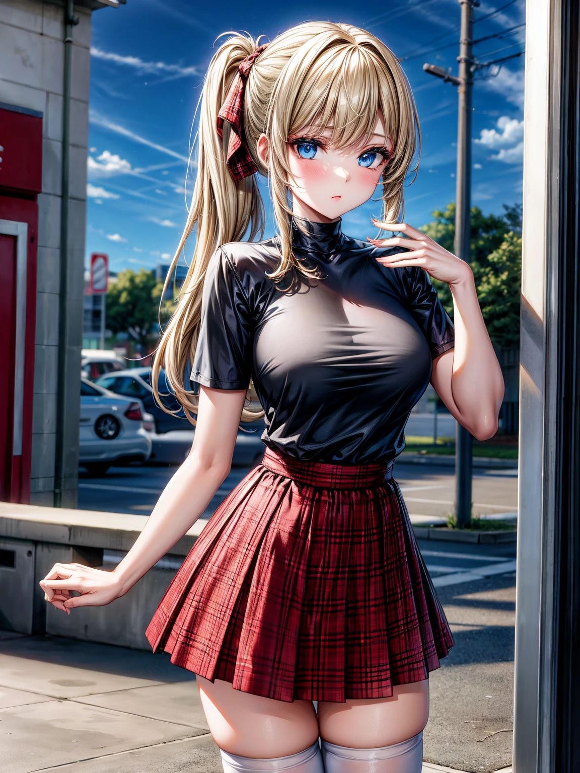 1girl,masterpiece,best quality,blonde hair,(dual short ponytails),blue eyes,(white stockings),(red plaid skirt),standing,in full length,medium breasts,white t shirt,in front of streets,extremely detailed,[[realistic]],beautiful alluring anime teen,seductive anime girl