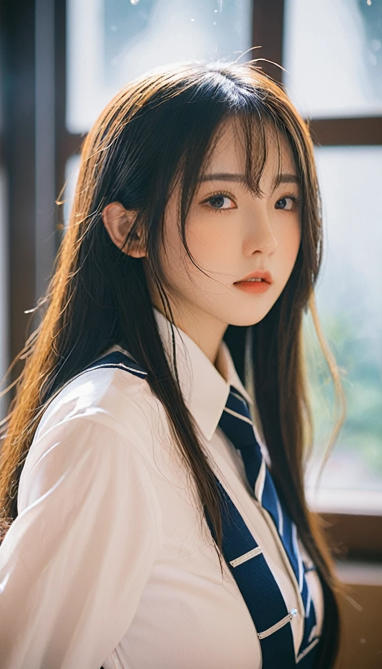 NSFW,((Highest quality、8K、masterpiece:1.3))、Sharp focus:1.2、Beautiful woman with perfect figure:1.4、(((Small breasts A cup)))、Wet body:1.2、(((Highly detailed face and skin texture)))、Detailed Eyes、double eyelid、Bondage,Slave,thin、Esbian all over,From below,(((Breasts protruding from the uniform)))、Prime lens 85mm、F-number release、long hair、Backlighting、I&#39;m spreading my legs、Black underwear、