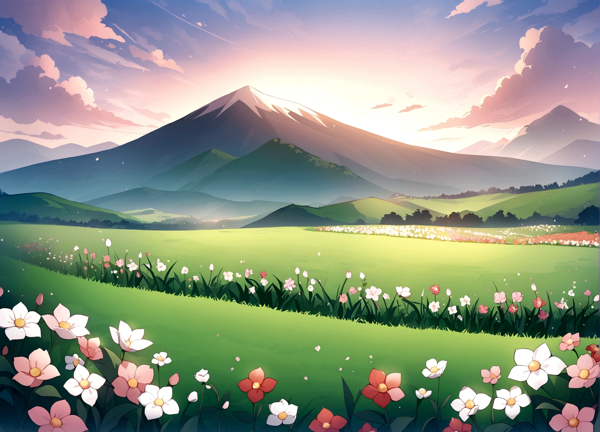 Anime, hermoso sendero, flores, campo, cielo azul, nubes, green fields and mount, Anime, hermoso sendero, flores, campo, cielo azul, nubes, green fields and mountains 