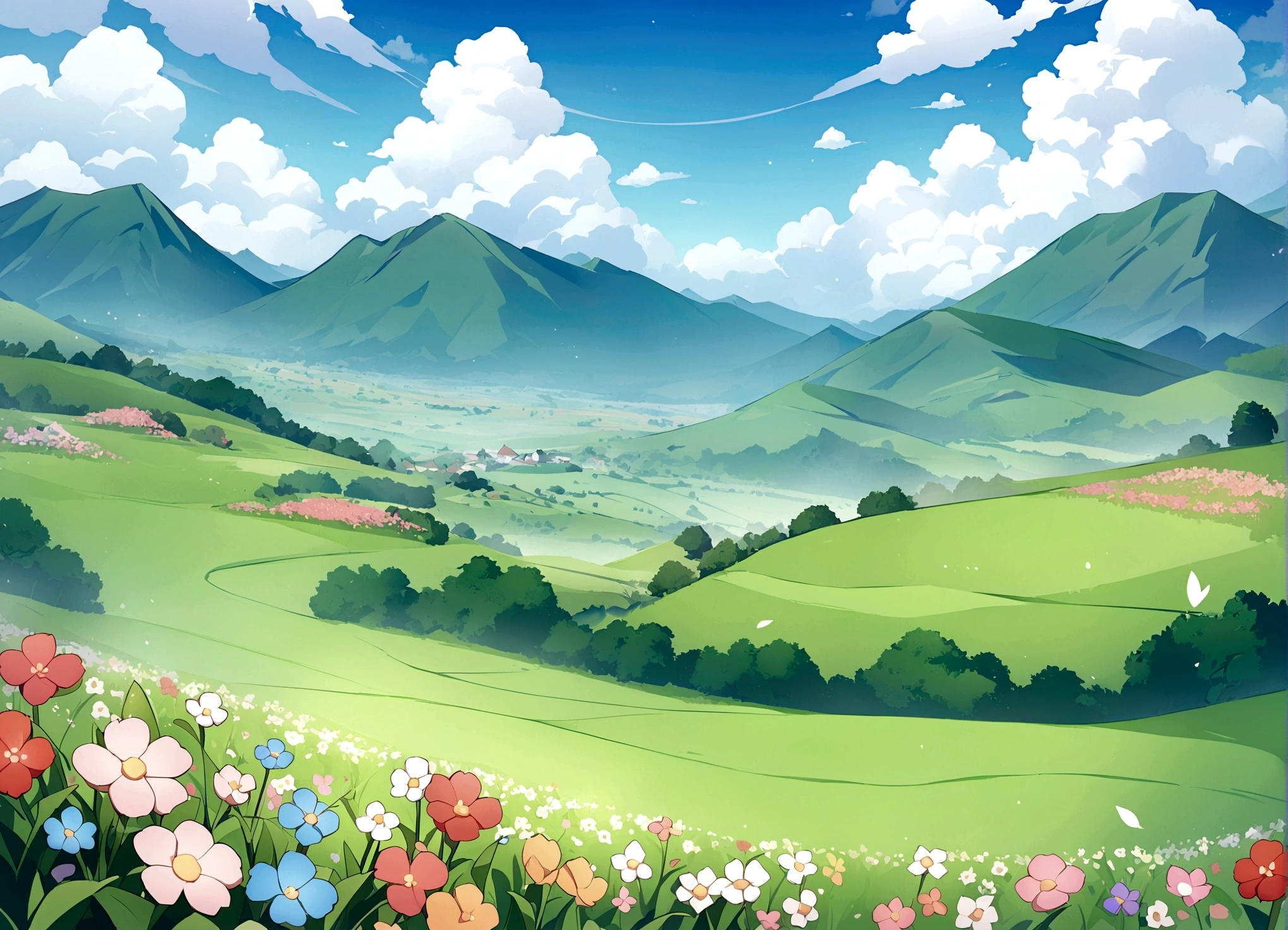 Anime, hermoso sendero, flores, campo, cielo azul, nubes, green fields and mount, Anime, hermoso sendero, flores, campo, cielo azul, nubes, green fields and mountains