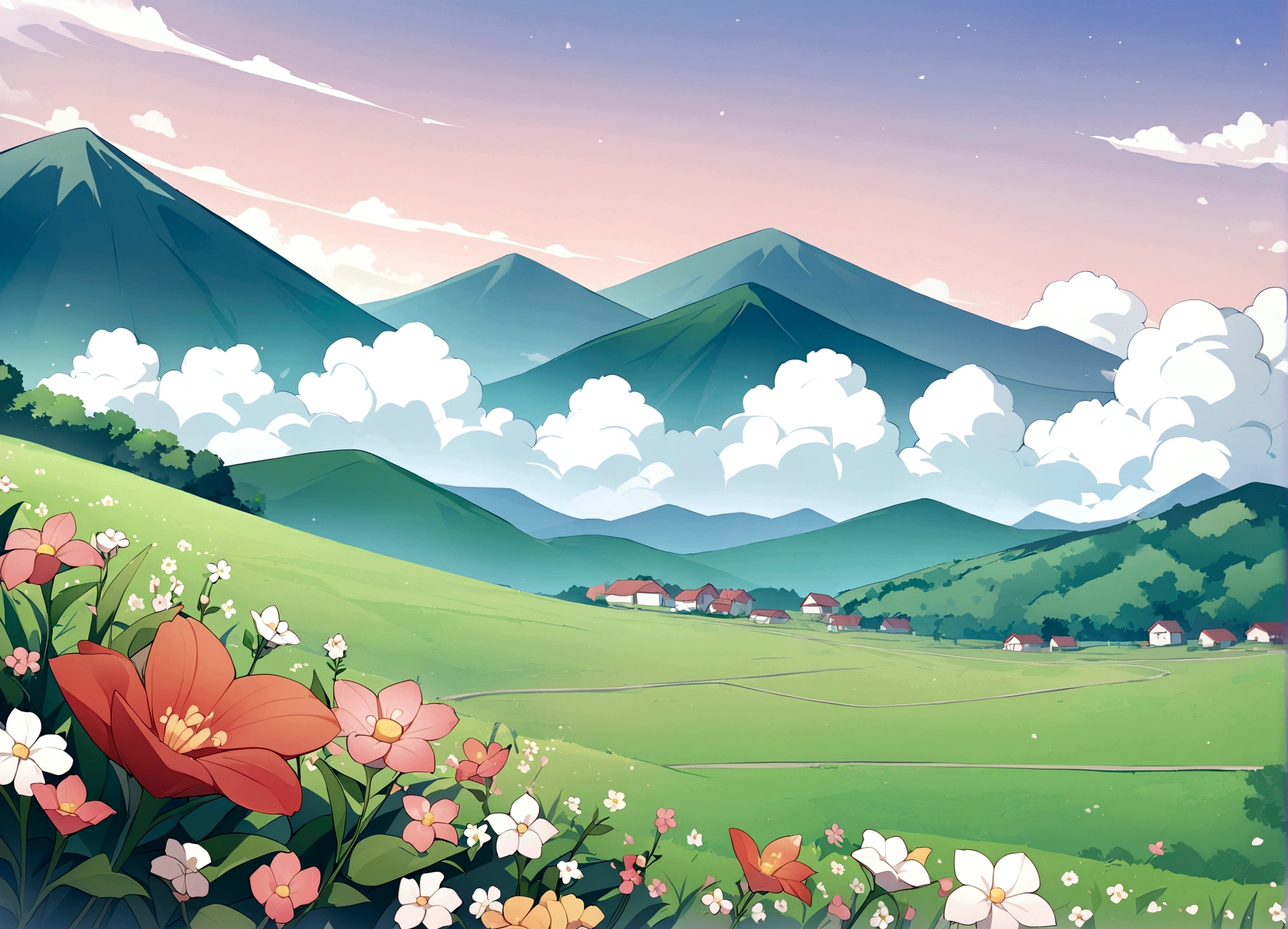 Anime, hermoso sendero, flores, campo, cielo azul, nubes, green fields and mount, Anime, hermoso sendero, flores, campo, cielo azul, nubes, green fields and mountains 