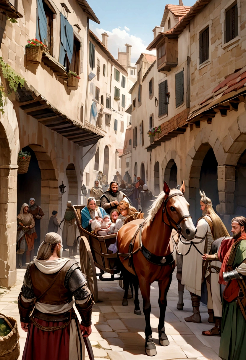 An image of a scene depicting a medieval caravan leaving, em fila, with horses and carts, de uma enorme cidade medieval, where on the road they find a  in a basket, imagem real, photorealismo, cavaleiros em cavalos, cena medieval antiga, com cavaleiros com armaduras e armas montados em cavalos