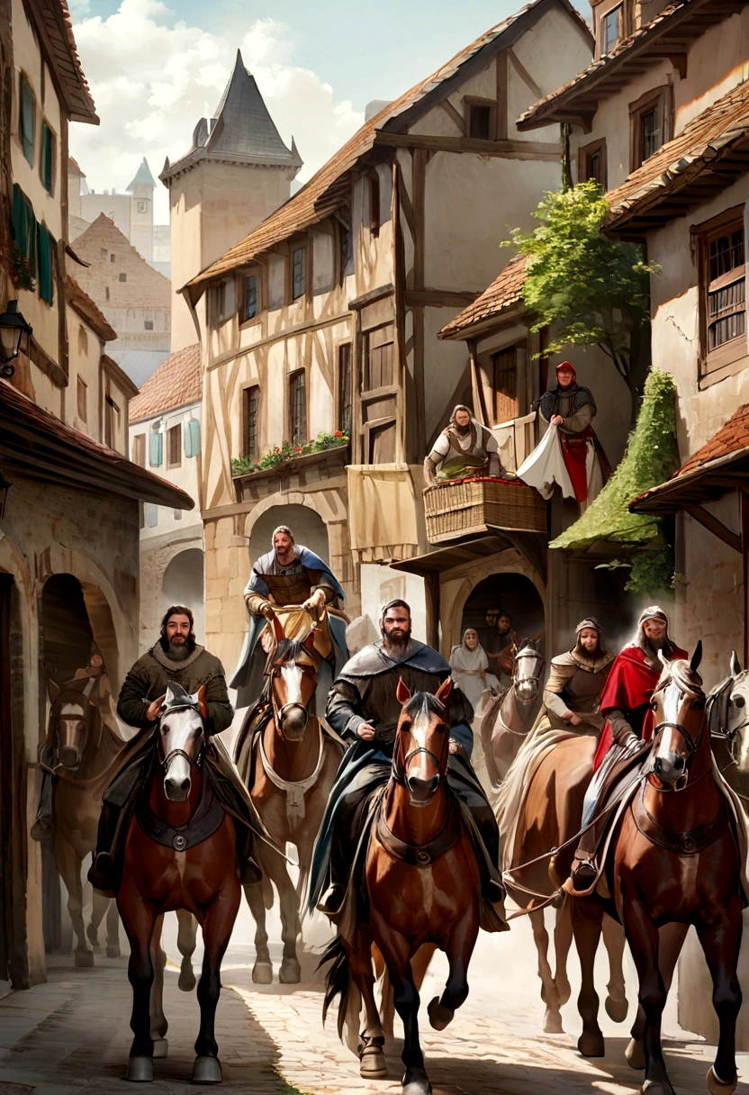 An image of a scene depicting a medieval caravan leaving, em fila, with horses and carts, de uma enorme cidade medieval, where on the road they find a baby in a basket, imagem real, photorealismo, cavaleiros em cavalos, cena medieval antiga, com cavaleiros com armaduras e armas montados em cavalos