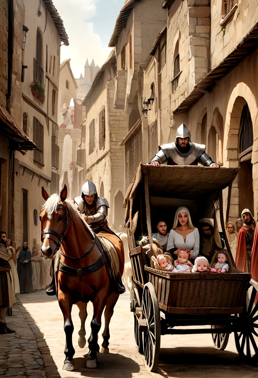 An image of a scene depicting a medieval caravan leaving, em fila, with horses and carts, de uma enorme cidade medieval, where on the road they find a baby in a basket, imagem real, photorealismo, cavaleiros em cavalos, cena medieval antiga, com cavaleiros com armaduras e armas montados em cavalos