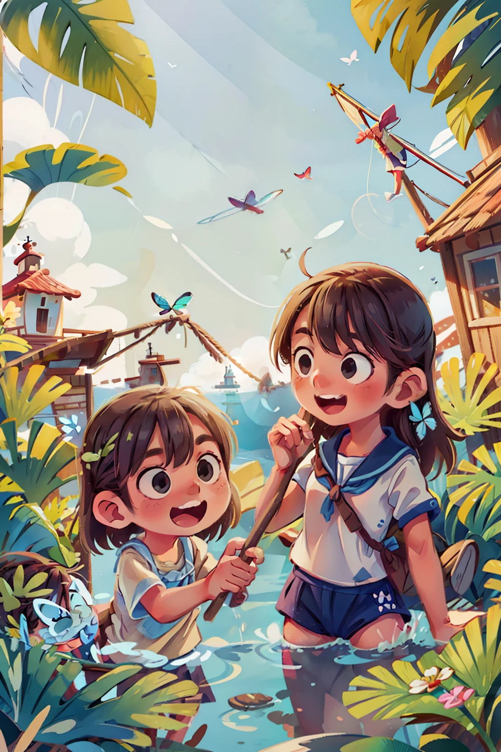 Generates an image of two happy  very young girls sailing on a boat, waves, sea, sky with white clouds. colorful butterflies, lighthouse in the background,