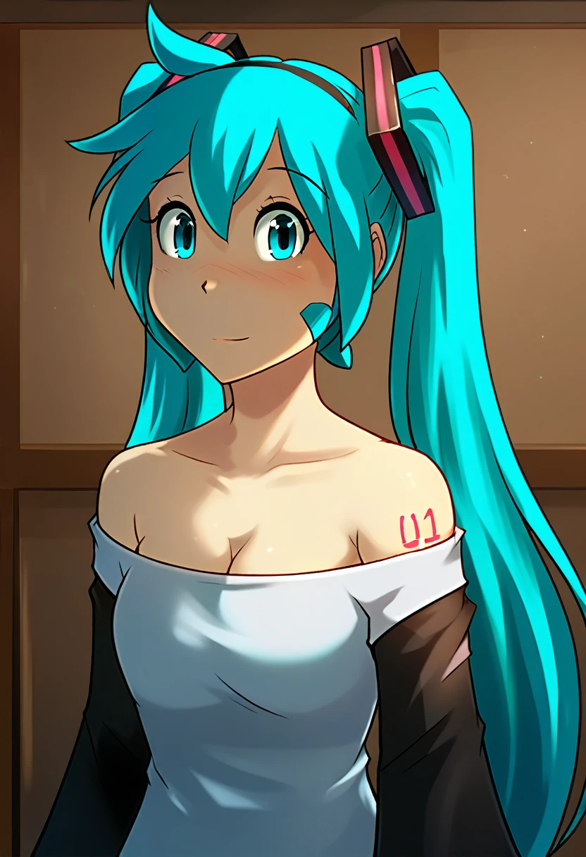 score_9, score_8_up, score_7_up, score_6_up, score_5_up, score_4_up, rating_explicit, female, cute female, cute face, detailed background, looking at viewer, solo, solo focus, trace-twokinds, Hatsune miku, bare shoulders, detatched sleeves, ponytails, busty, room, leak