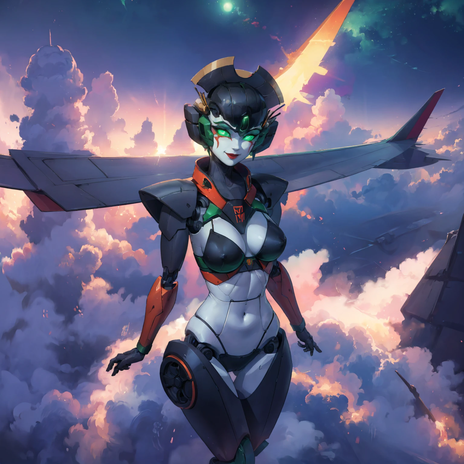 windblade, ((robot, mecha, glowing green eyes, makeup, narrow waist, skinny, medium breasts, no_humans, autobot, wings)), pelvic curtain, ((black panties, black bra)), full body, perfect body, (insanely detailed, beautiful detailed face, masterpiece, best quality) , (((solo))), (((1robot))), (((mature))), (extremely detailed 8k paper CG wall unit: 1.1), (fly, Flying to the moon, night), (smile face for the viewer), airplane wing
