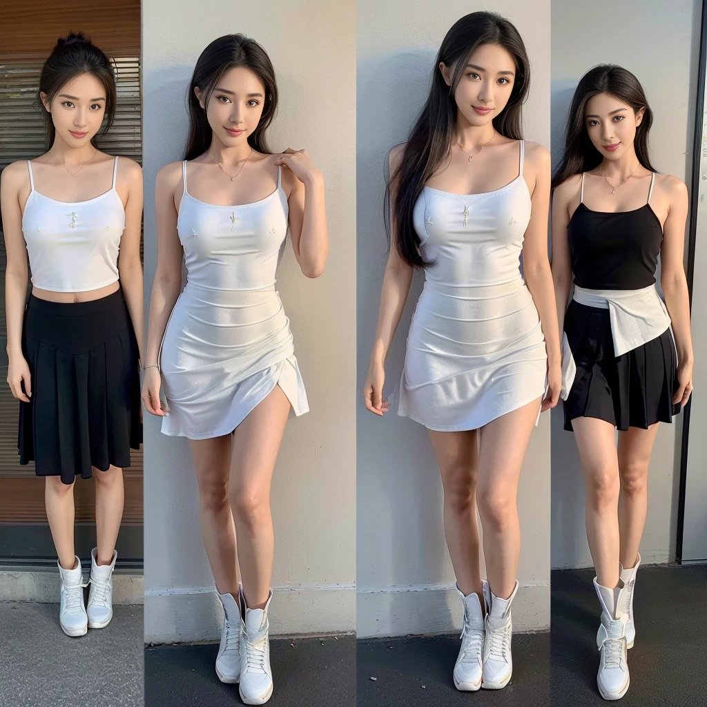 (a girl pretty girl with perfect figure), (Short flared dress), (white bra), (strapless dress), (cotton spaghetti-strap top :1.2), ((Hem full flared dress)), (midi(32K,1 20-year-old girl, The light from the rear window is backlit, Ray traching), (full body), (white sneakers), (a pair of white leather boots, highly detailed boots), (hair black), (two-parted hair :1.3), (very thick hair), (hands close to the body), (Slender chest), (visible shoe sole :1,5), (short upper chest :1.5), (pectoral muscles are large :1.5), (upper breasts are firm and round :1.5), (stretches chest stretching), (stand upright), (two shoe ends), (two shoe toes) ,(put on blush), (apply powder), (makeup), (standing), (asian girl princess), (Oversized T-shirt with excess fabric when tucked into a skirt), (seamless skirt), (long shins) , (big shins), (A hem full flared skirt)