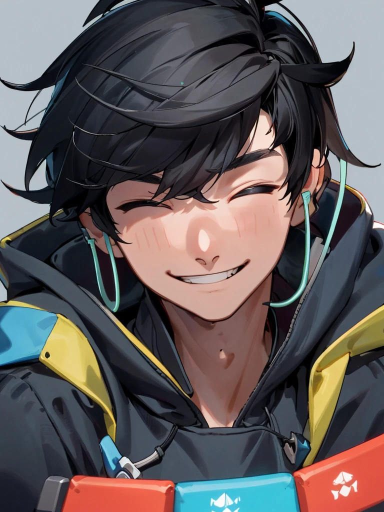 highest quality: 1.0), masterpiece, Age 25,male,Upper Body, Sleep insufficient,insufficient,(Face close-up)P,one person,Grin, Mashed black hair、hoodie,Headphones on neck,,sit in front of the computer and play games, E-sports room background,Gamer's Room,
