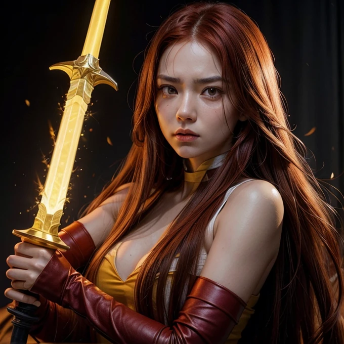 Woman, red long hair, angry face, holding glowing yellow sword