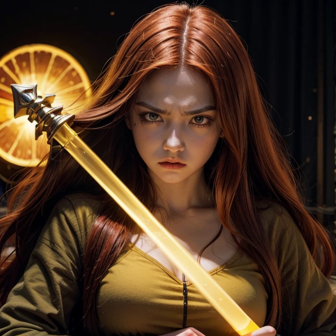 Woman, red long hair, angry face, holding glowing yellow sword