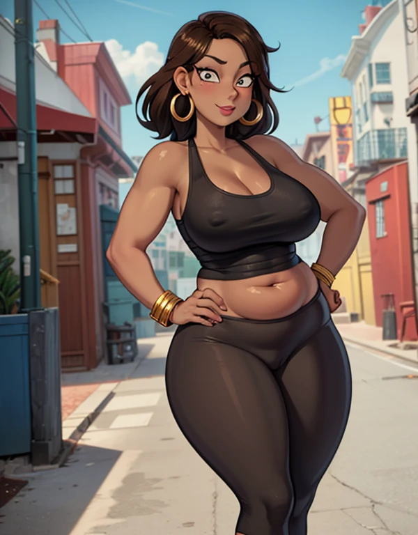 ((Masterpiece)), ((Best Quality)), (4K quality), CARTOON, ANIME, CARTOON ARTSTYLE, (half-body-shot (front shot):1.3),(Detailed face:1.2), (Detailed eyes:1.2), ultra-detailed, 1girl, alone, Latina, 42-years-old, milf, mature female, (dark-skinned female:1.5), long brown hair, amber colored eyes, mascara, eyeshadow, red lipstick, (Wearing: red tank-top, black leggings, golden earrings, golden bracelets, sneakers:1.2), looking at viewer, smile, sultry, sultry face, Oversize, Overweight, thick lips, (plump figure and wide frame:1.2), medium breasts, sagging breasts, fat rolls, belly rolls, muffin top, big deep navel, tight out, love handles, wide hips, wide waist, wide load butt, thick thighs, hands on hips, in the streets of Tampa.
