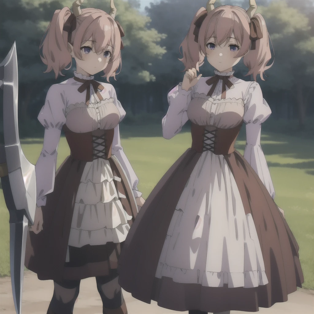 lineye,1girl,solo,short twintails,hair between eyes,pink hair,medium hair,demon horns,dark red hair ribbon,pointy ears,purple eyes,
frilled shirt collar,dark red choker,white frilled shirt,juliet sleeves,long sleeves,dark red neck ribbon,dark red dress,white frilled dress,white layered dress,brown corset,striped pantyhose,
mary janes,outdoors,battle axe,holding axe, Exquisite visuals, high-definition,masterpiece,best quality,Exquisite visuals,high-definition,masterpiece,best quality,18yo,Young female,Beautiful Fingers,Beautiful long legs,Beautiful body,Beautiful character design,