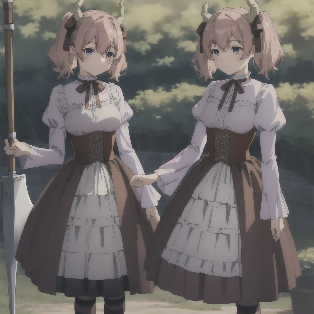 lineye,1girl,solo,short twintails,hair between eyes,pink hair,medium hair,demon horns,dark red hair ribbon,pointy ears,purple eyes,
frilled shirt collar,dark red choker,white frilled shirt,juliet sleeves,long sleeves,dark red neck ribbon,dark red dress,white frilled dress,white layered dress,brown corset,striped pantyhose,
mary janes,outdoors,battle axe,holding axe, Exquisite visuals, high-definition,masterpiece,best quality,Exquisite visuals,high-definition,masterpiece,best quality,18yo,Young female,Beautiful Fingers,Beautiful long legs,Beautiful body,Beautiful character design,