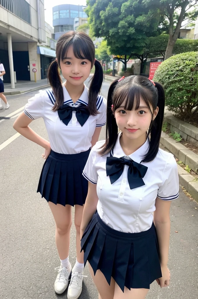2 girls standing in Japanese city,short-sleeved white sailor leotard with navy blue skirt frills,red bow tie,school bags,18-year-old,bangs,a little smile,large bare thighs,knees,legs apart,short hair with low pigtails,from before,front light