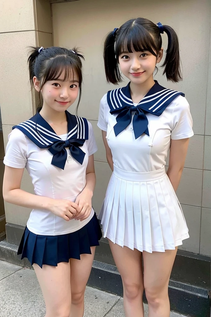 2 girls standing in Japanese city,short-sleeved white sailor leotard with navy blue skirt frills,red bow tie,school bags,18-year-old,bangs,a little smile,large bare thighs,knees,legs apart,short hair with low pigtails,from before,front light
