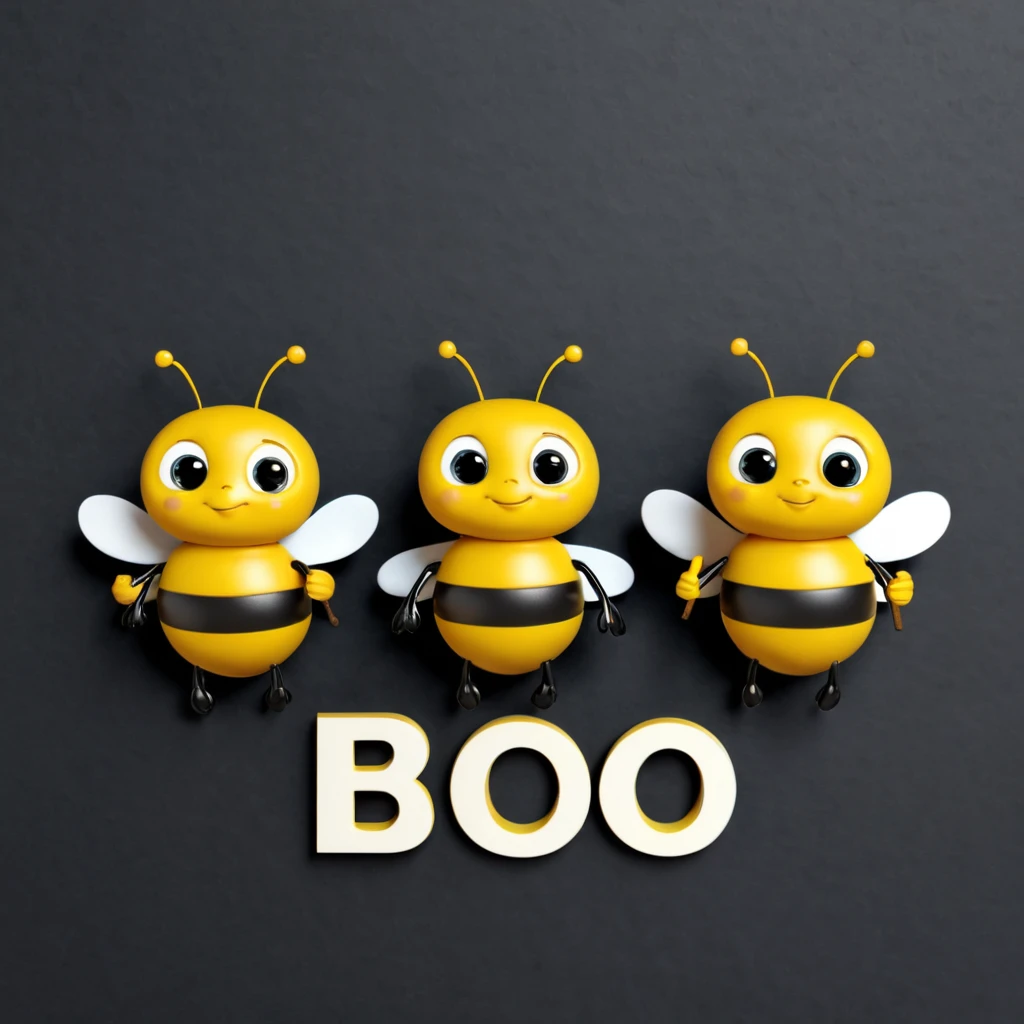 3 cute little 3d bees on a black background. The bees are standing side by side. The left bee is holding the letter 'B' and the other two bees are holding the letter 'O'. When reading what all three are holding it reads 'BOO'