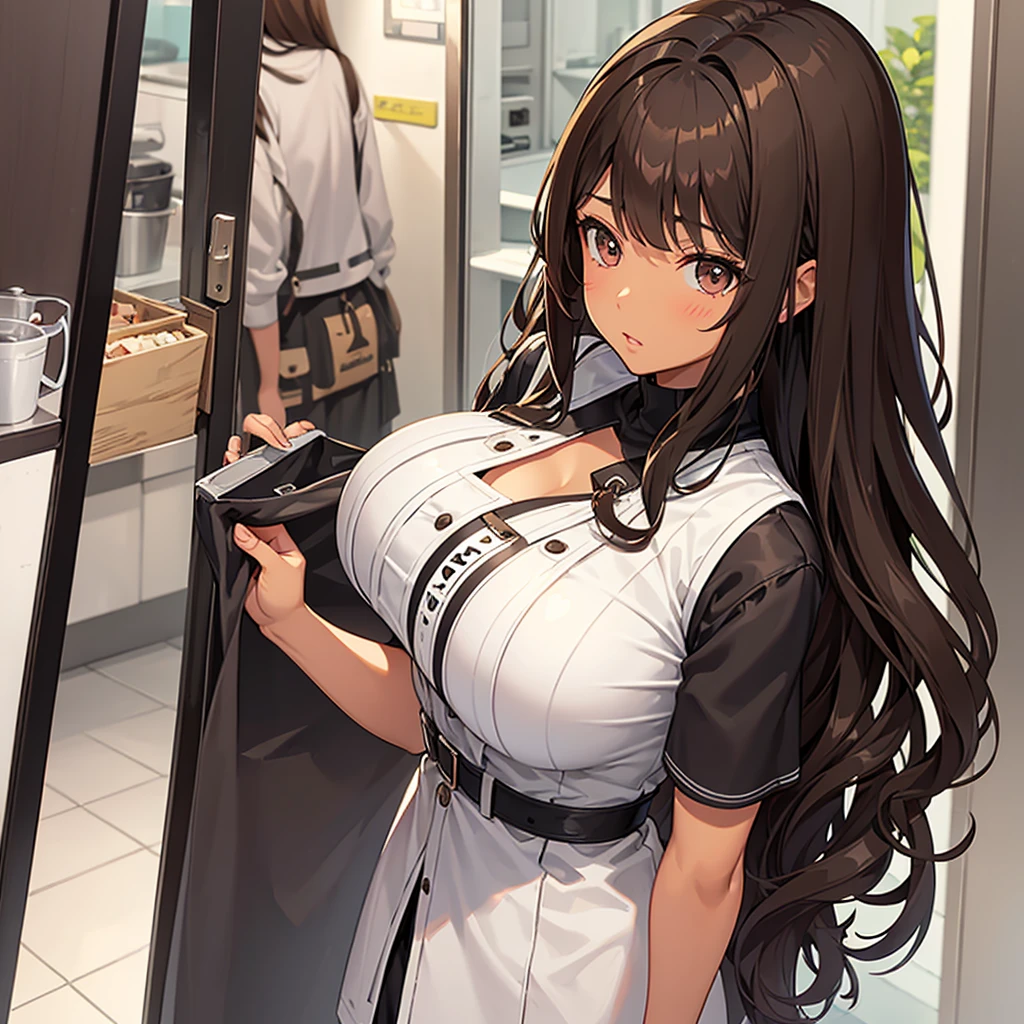 a brunette girl with brown skin, dark brown hair, medium hair, wavy hair with platinum blonde highlights and a styled fringe hair bang, With big breasts