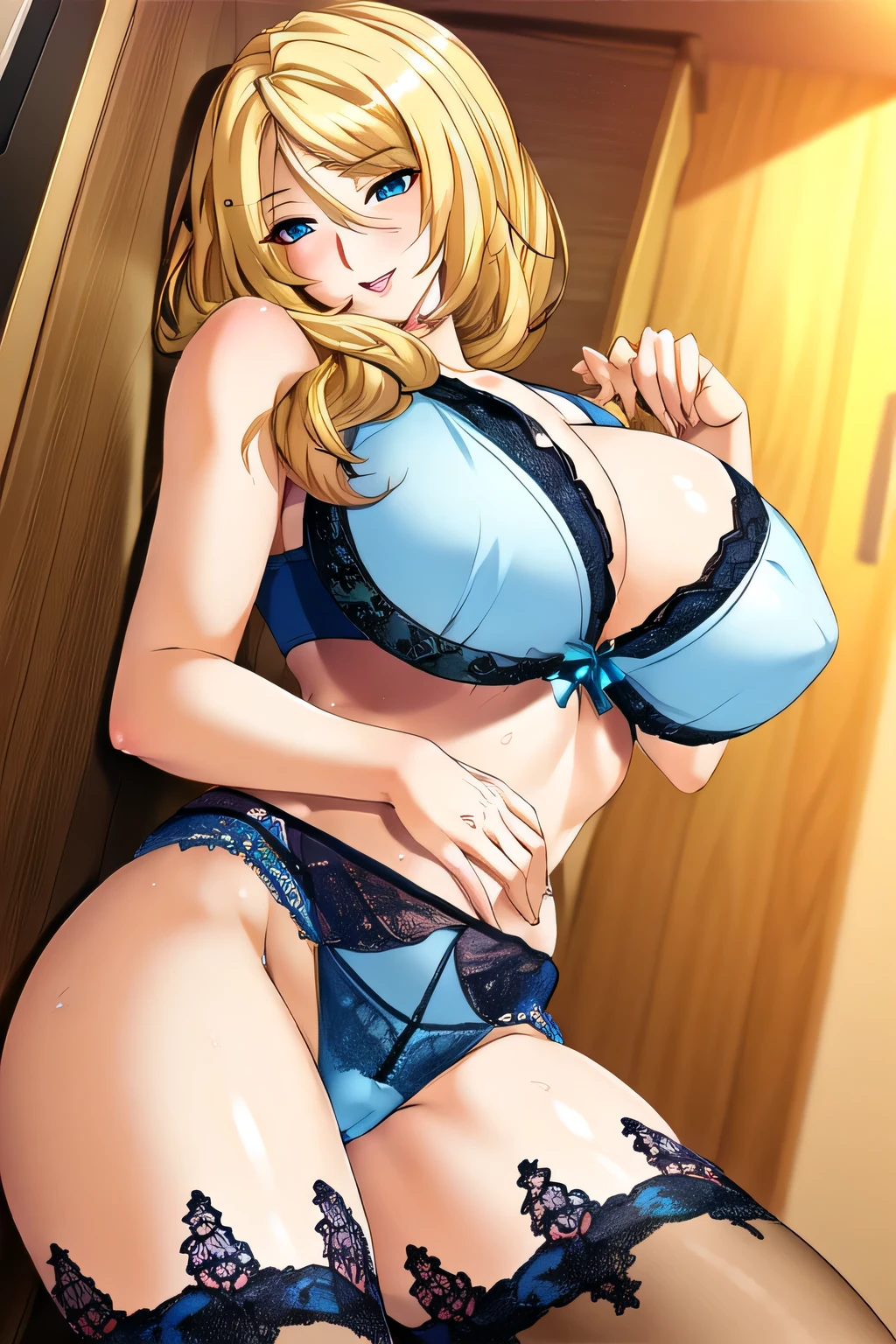 blonde hair, blue eyes,
(masterpiece:1.2), best quality, game cg,highly_detailed,extremely_detailed_CG_unity_8k_wallpaper,illustration,highres,absurdres,pov,milf,mature woman,Beautiful Finger,Beautiful long legs,Beautiful body,Beautiful Nose,Beautiful character design, lingerie,smile