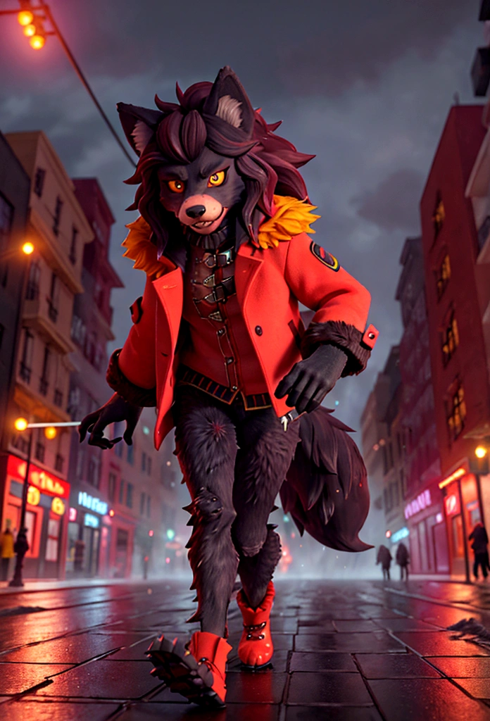 (better detailing, high quality), furry wolf, walking through the city, (night, bright lights, urban environment), (dynamic framing, fierce expression, messy hair), (bright red eyes, detailed coat), (colorful spots, wet streets), (focal point on the wolf's head), (bright focus on the eyes).