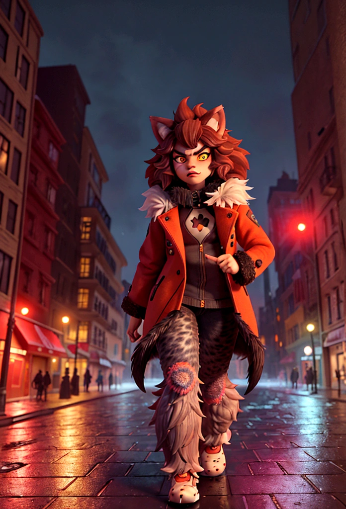 (better detailing, high quality), furry wolf, walking through the city, (night, bright lights, urban environment), (dynamic framing, fierce expression, messy hair), (bright red eyes, detailed coat), (colorful spots, wet streets), (focal point on the wolf's head), (bright focus on the eyes).
