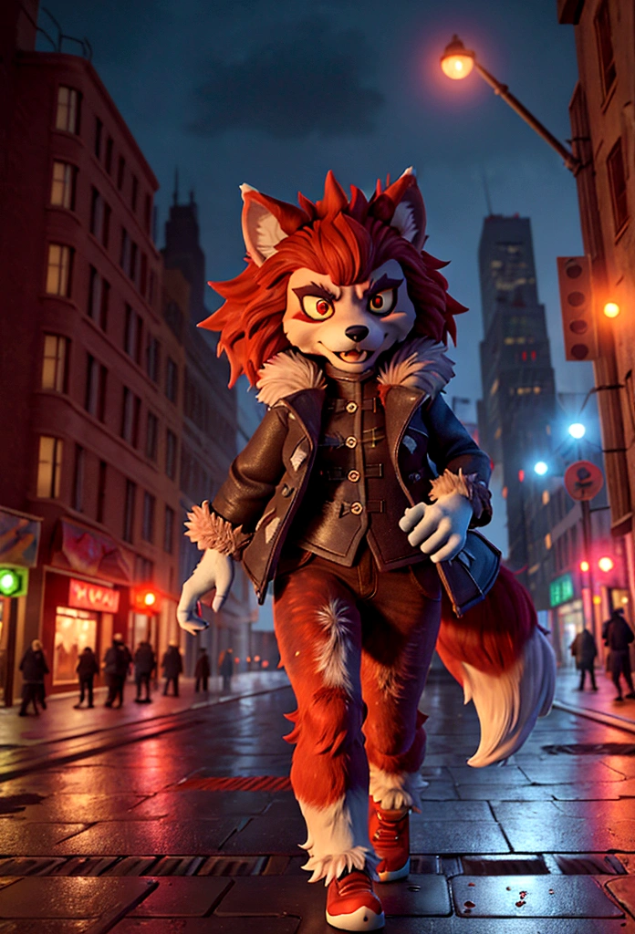 (better detailing, high quality), furry wolf, walking through the city, (night, bright lights, urban environment), (dynamic framing, fierce expression, messy hair), (bright red eyes, detailed coat), (colorful spots, wet streets), (focal point on the wolf's head), (bright focus on the eyes).