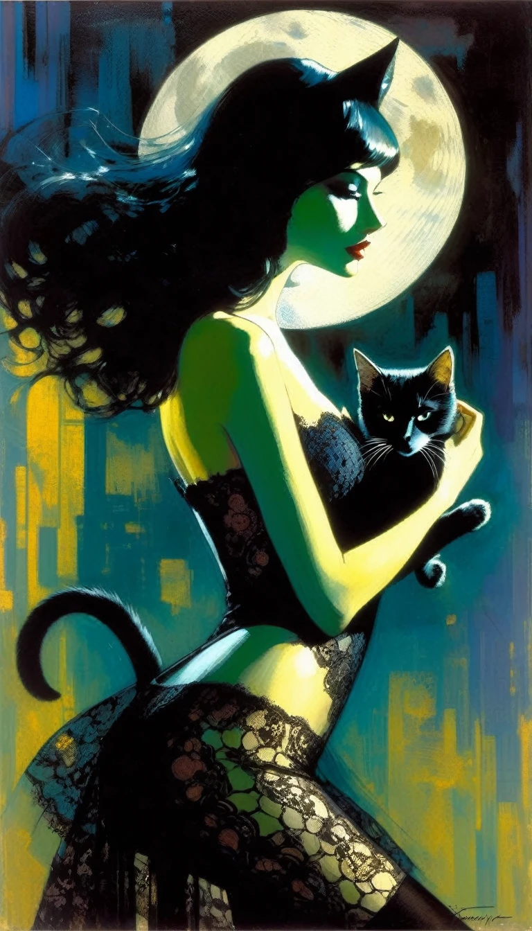 the sexy girl and the cat and the half moon, night, lace dress ( art inspired by Bill Sienkiewicz, oil painting)