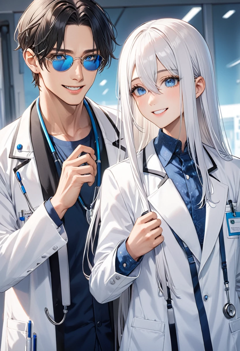 1 cool man、White Hair、Straight Hair、doctor's white coatを着ている、Blue Eyes、smile