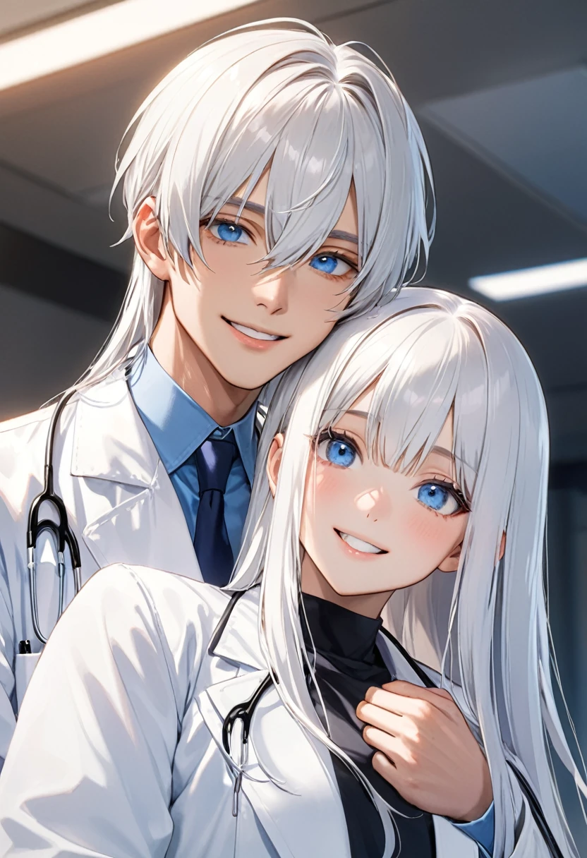 1 cool man、White Hair、Straight Hair、doctor's white coatを着ている、Blue Eyes、smile