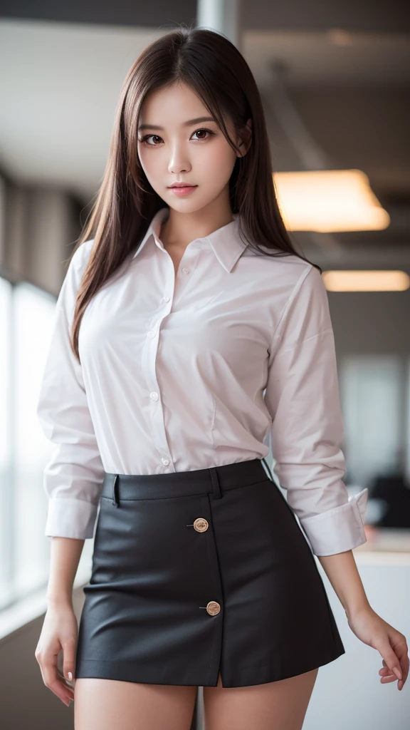 (1young woman), kawaii face, (highly detailed face), Amazing face and eyes, (Best Quality:1.4), (Ultra-detailed), (extremely detailed CG unified 8k wallpaper), Highly detailed, High-definition raw color photos, Professional Photography, Realistic portrait, Amazing face and eyes, Pink eyes, indoors, office, (office lady, shirt, miniskirt, shirt with open buttons:1.3), model, depth of fields, (fine face:1.2),