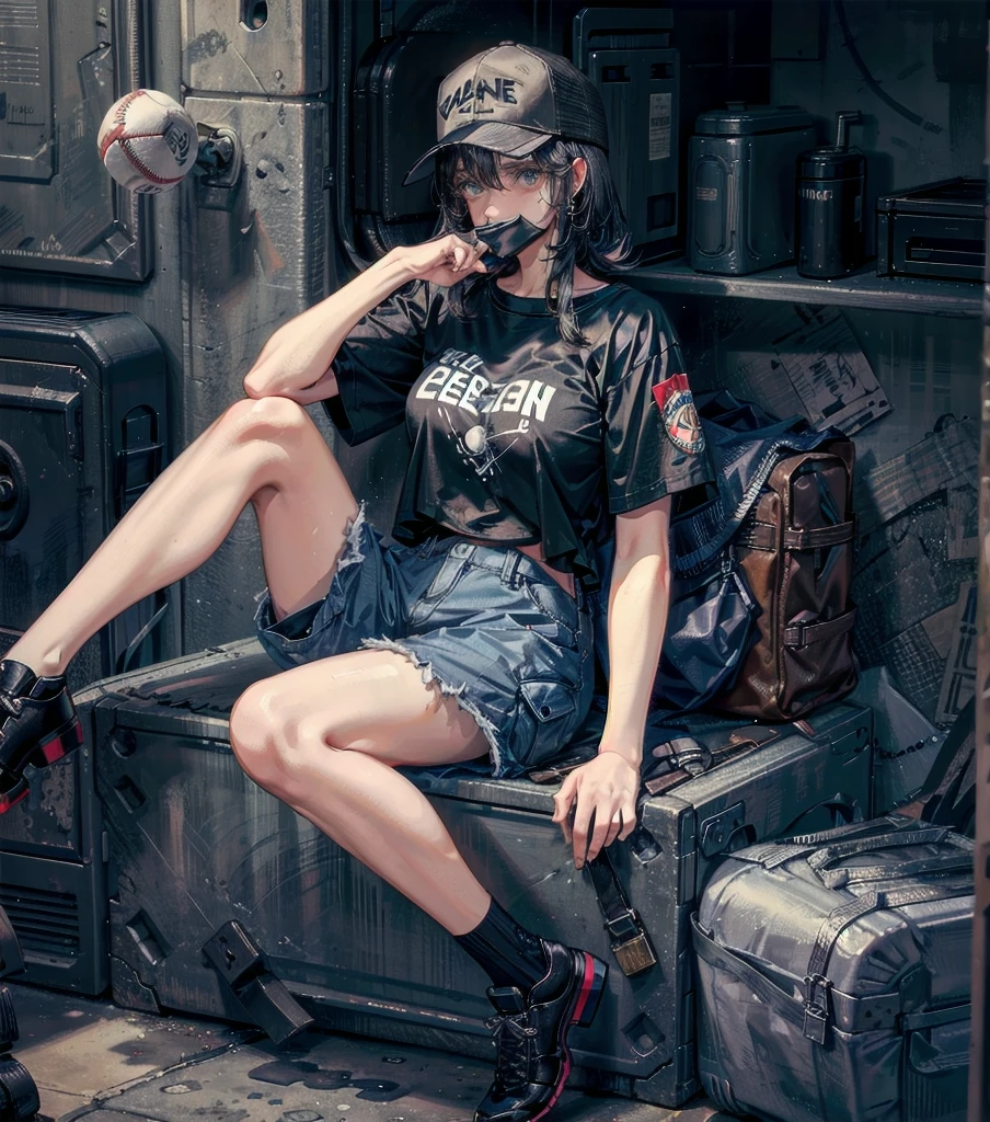 whole body, girl, big tits, medium hair, black hair, tearful mole, earring, baseball cap, black T-shirt, cargo shorts,
