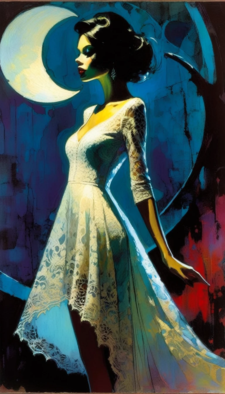 two sexy women in lace dresses celebrate and laugh, they carry flowers, we see them between four wooden posts, moon (art inspired by Bill Sienkiewicz, intricate details, oil painting)